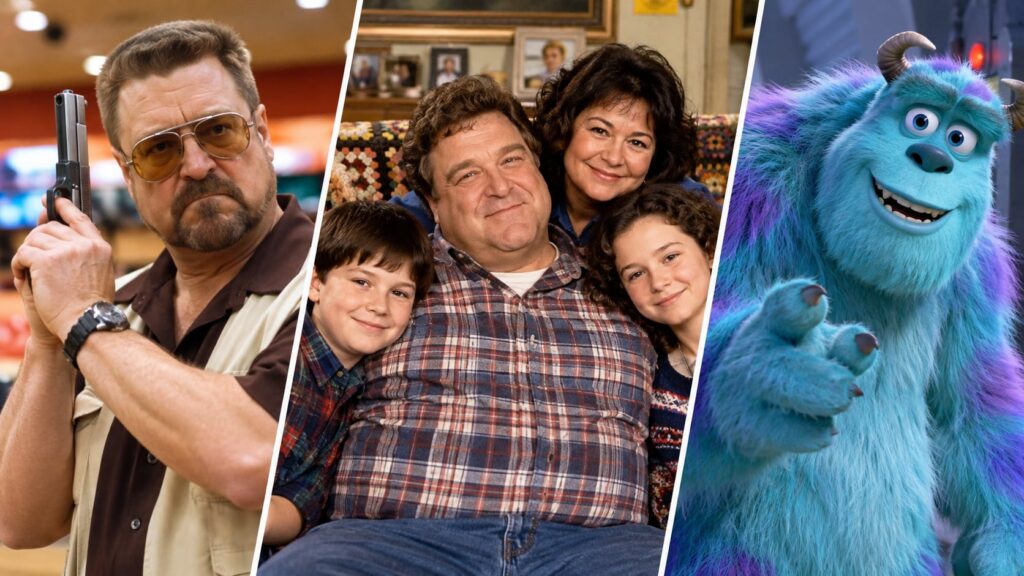 A collage of movie posters or stills featuring John Goodman in his famous roles The Big Lebowski Roseanne and Monsters I