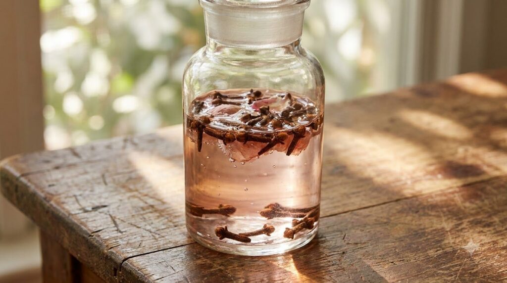 A close-up shot of whole cloves infusing in rose water within a glass jar