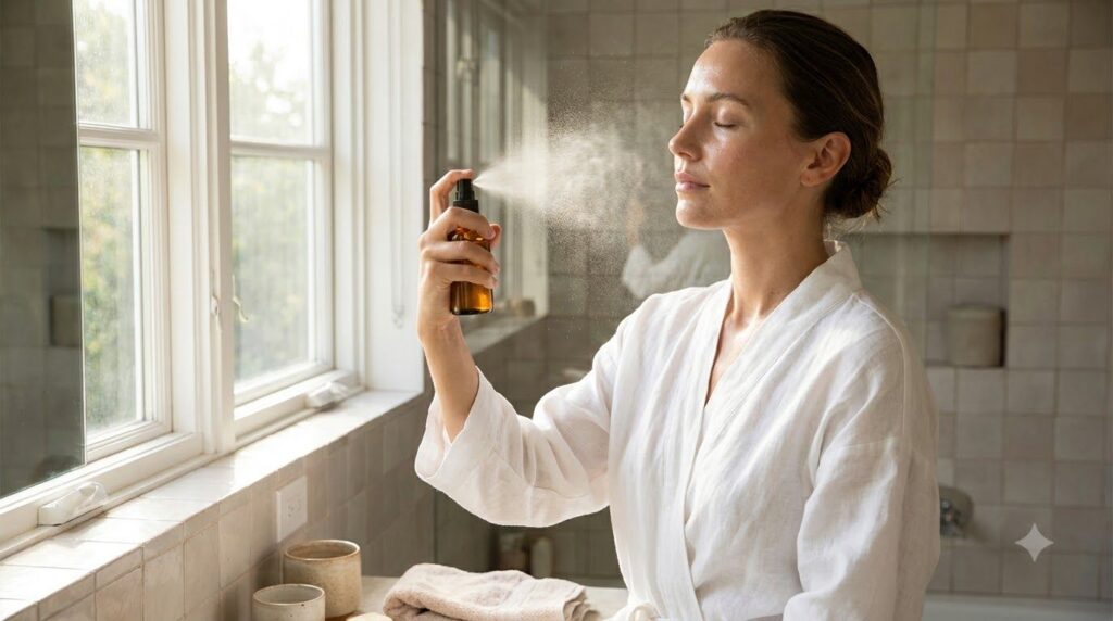 A woman gently misting her face with a spray bottle eyes closed with a soft radiant glow on her skin