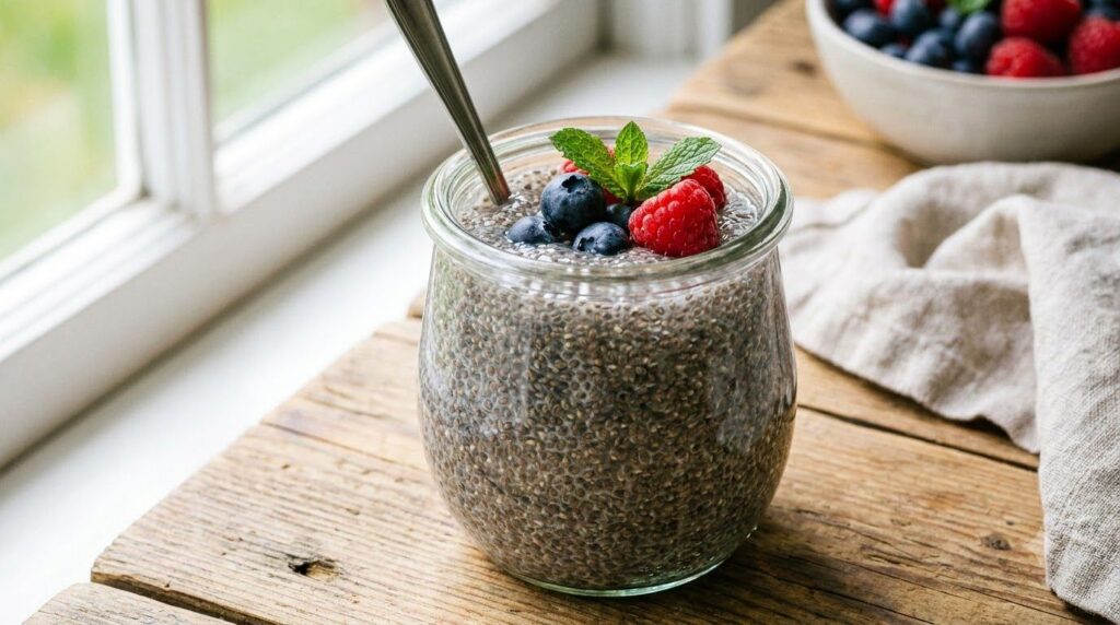 A clear glass jar filled with prepared chia seed gel with a spoon resting inside The gel has a thick translucent appeara