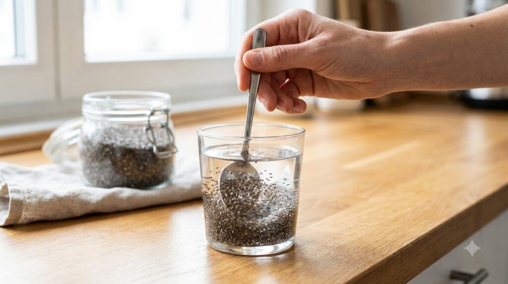 A person s hand stirring chia seeds into a glass of water showing the initial mixing process before gel formation Focus 