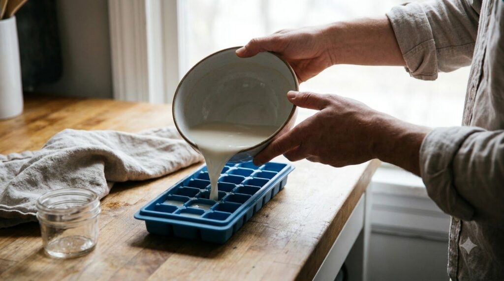 Close-up of an ice cube tray being filled with cloudy rice water showing the preparation step clearly
