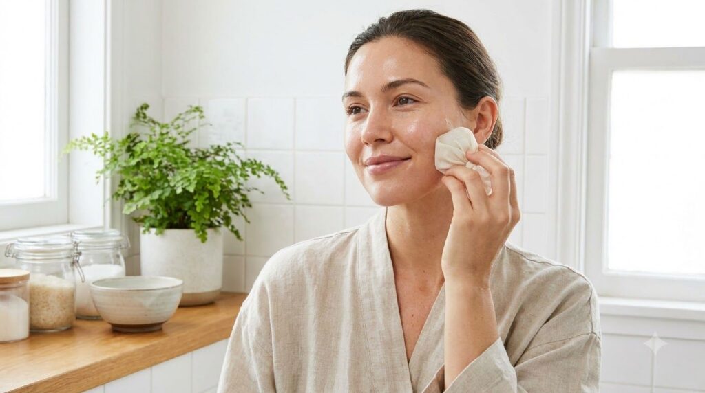 A woman gently rubbing a rice water ice cube wrapped in a thin cloth over her cheek with a serene expression illustratin
