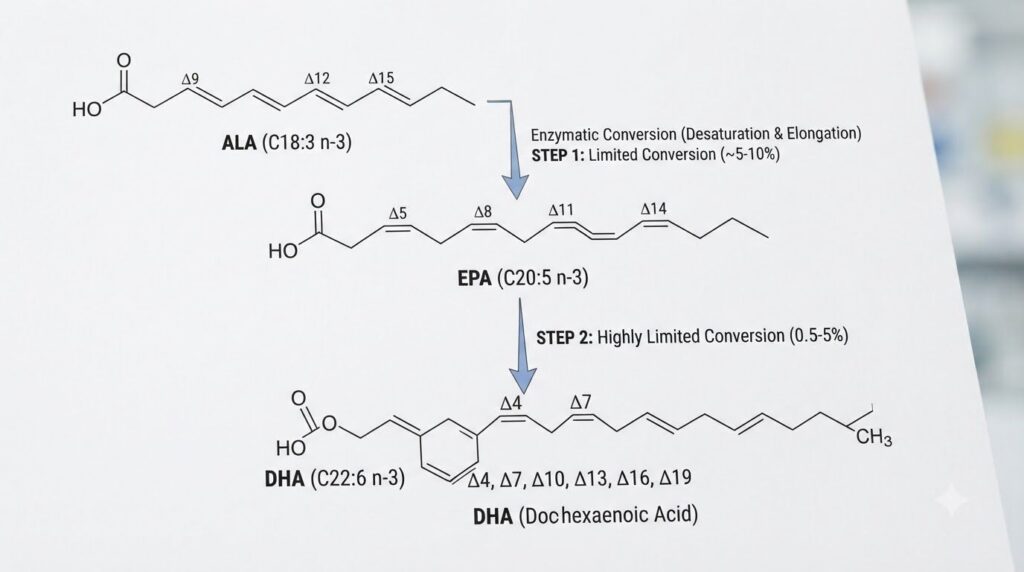 A comparative illustration showing the chemical structures of ALA EPA and DHA with arrows indicating the limited convers