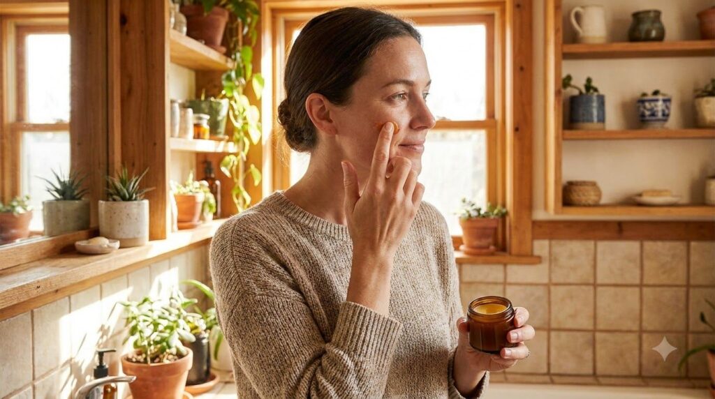 A woman gently applying the homemade balm to her face showing a soft natural glow
