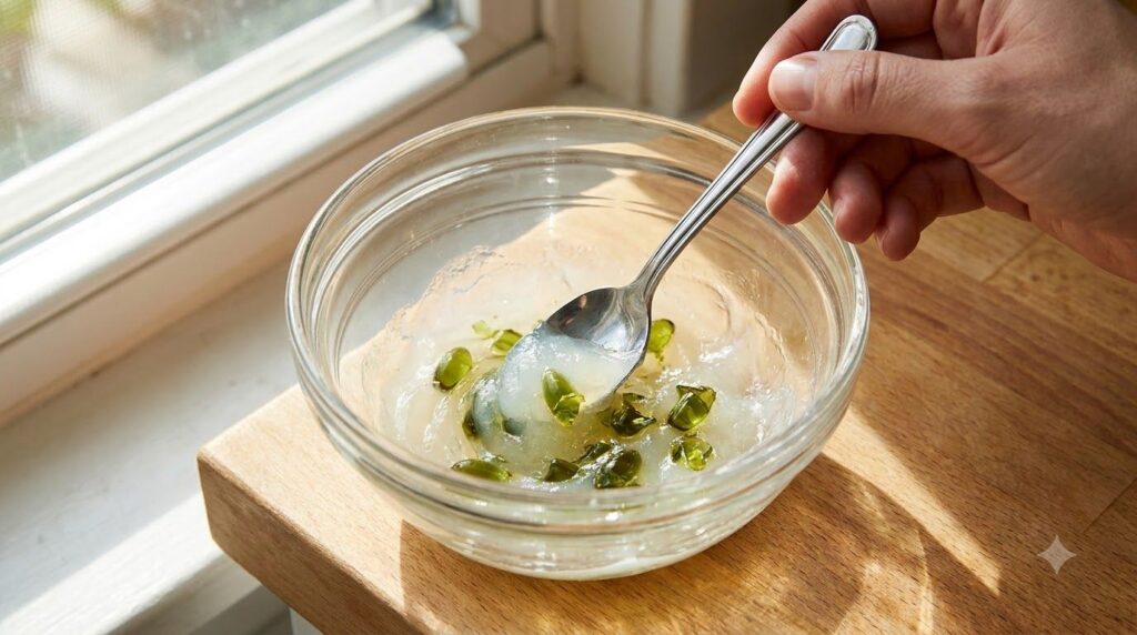 Close-up of a small bowl with Vaseline and oil from green capsules being stirred together with a spoon