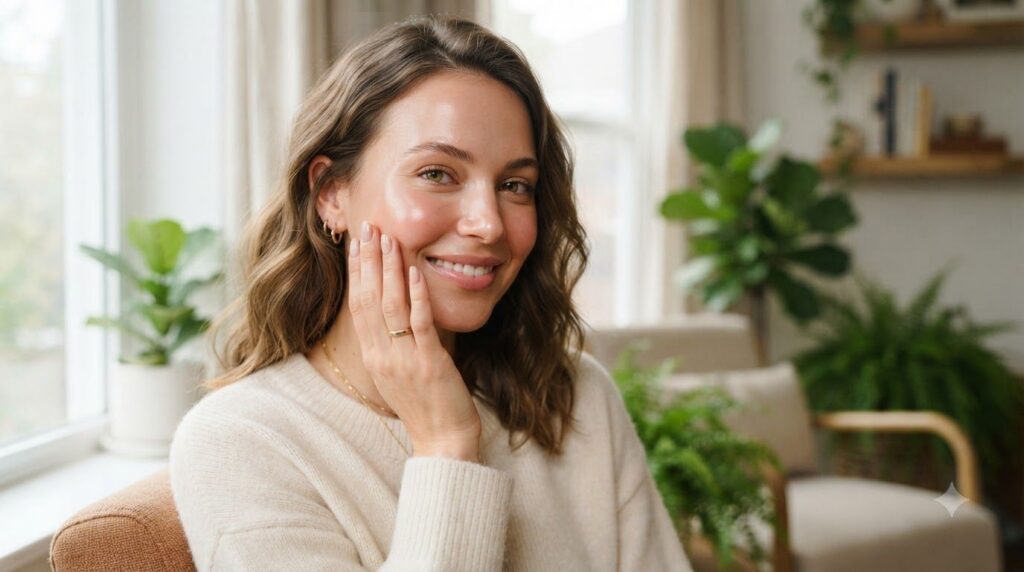 A woman with a radiant youthful complexion gently touching her cheek smiling slightly after using a beauty treatment