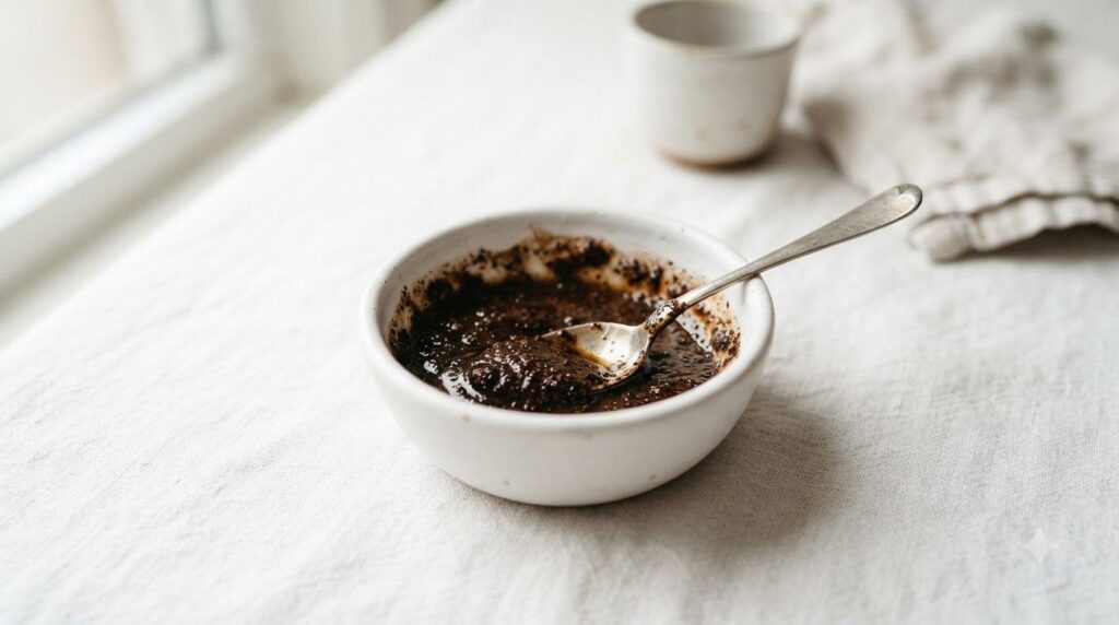 A close-up of a small clean bowl containing the thoroughly mixed Vaseline and coffee paste with a mixing spoon resting i