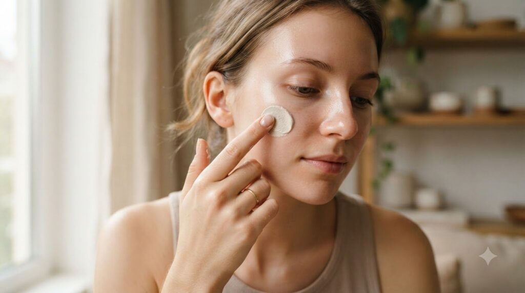 Close-up of a person s hand applying a small amount of a gentle light-colored mask or paste to their cheek demonstrating