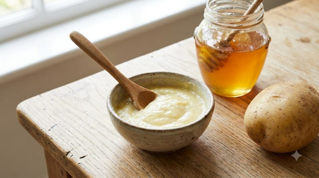 A small bowl of freshly made potato and honey mask with a spoon for mixing placed on a light wooden surface next to a wh