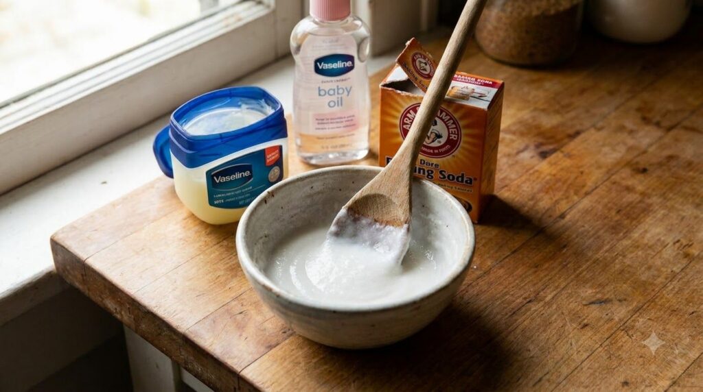A close-up shot of a small bowl where Vaseline baby oil and baking soda are being mixed together with a spoon to form a 