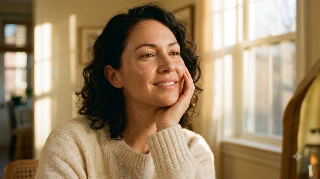 A woman with glowing smooth skin gently touching her cheek smiling Her skin looks fresh and hydrated after a beauty trea