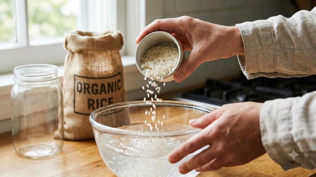 Hands pouring rice into a bowl of water with a bag of white rice and a clear glass jar nearby depicting the initial step