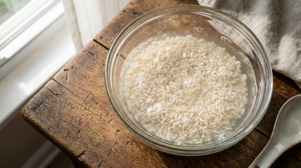 A close-up of a bowl containing uncooked white rice soaking in water with a slight cloudiness indicating the release of 