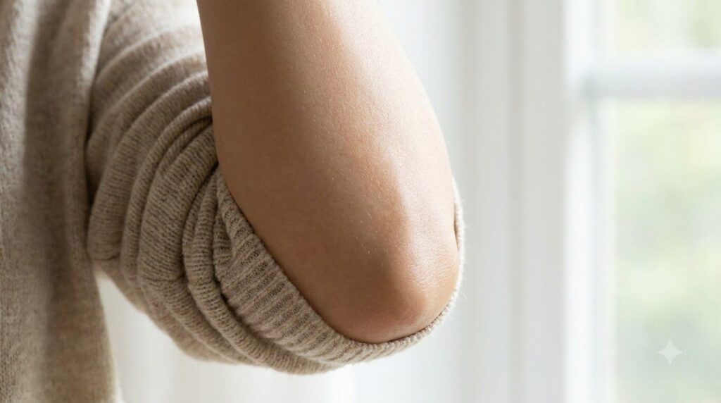 A woman with smooth brighter-looking elbows showcasing the potential results of regular paste application