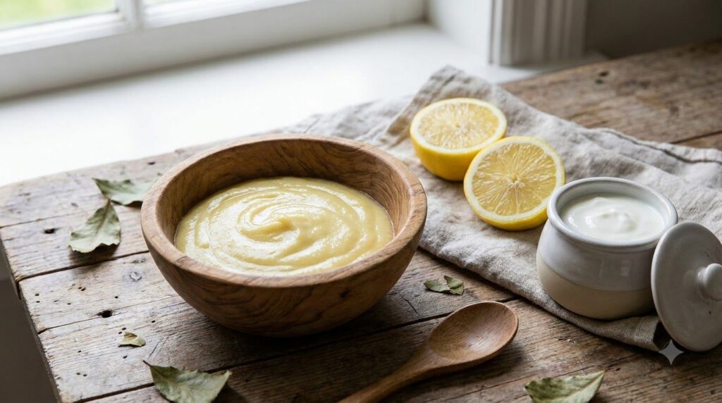 Close-up of a small bowl with the prepared DIY brightening paste showing its smooth texture alongside fresh lemon halves