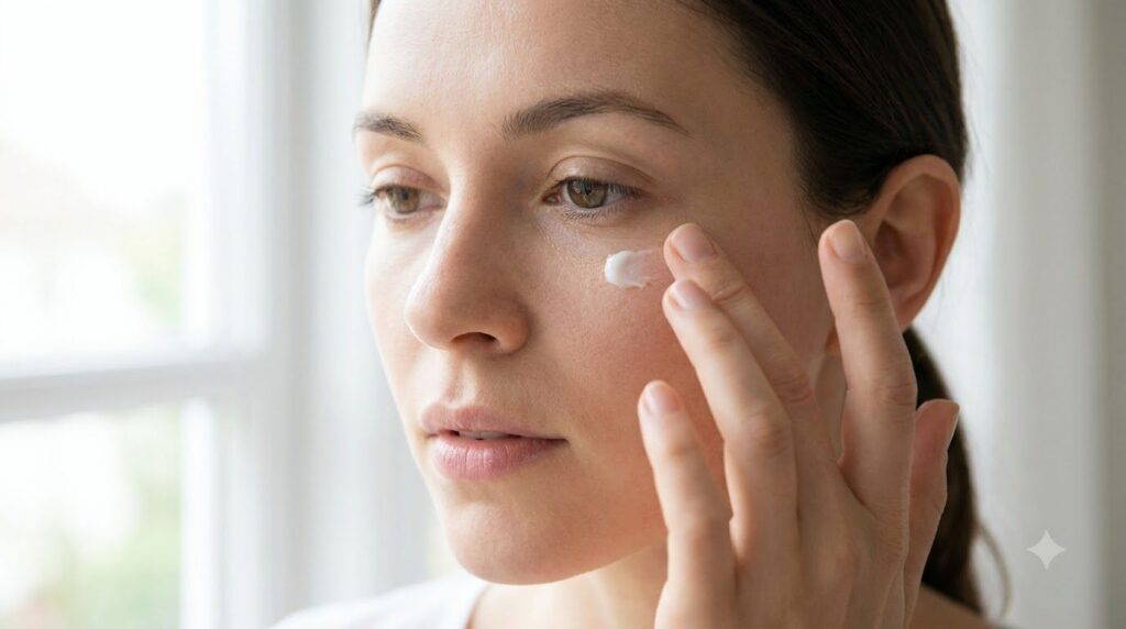 A woman gently dabbing a small amount of the Vaseline and vitamin E balm onto the delicate skin around her eye demonstra