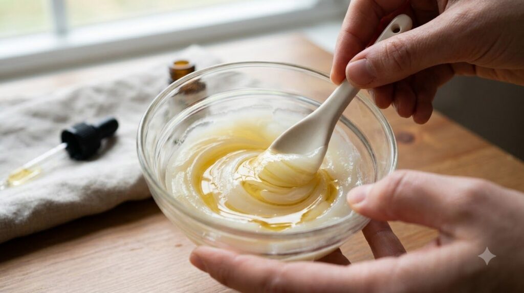 Close-up of a small bowl where Vaseline and vitamin E oil are being mixed with a spatula creating a smooth white balm