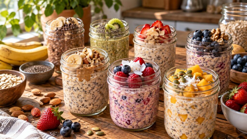 A collection of jars filled with overnight oats each with different colorful toppings like various fruits nuts and seeds