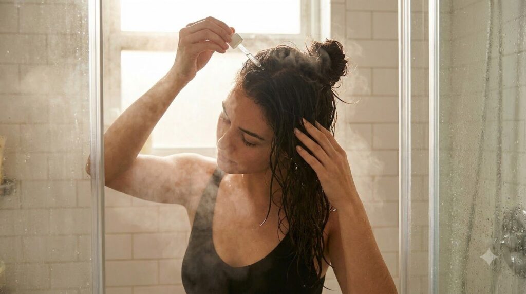 A woman gently massaging rice water into her scalp and hair during a shower with a serene expression
