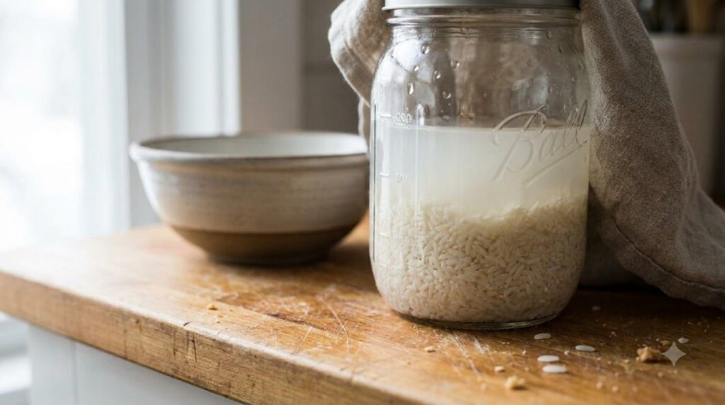 A clear glass jar containing white rice soaking in water with a loose lid in a kitchen setting to illustrate the ferment