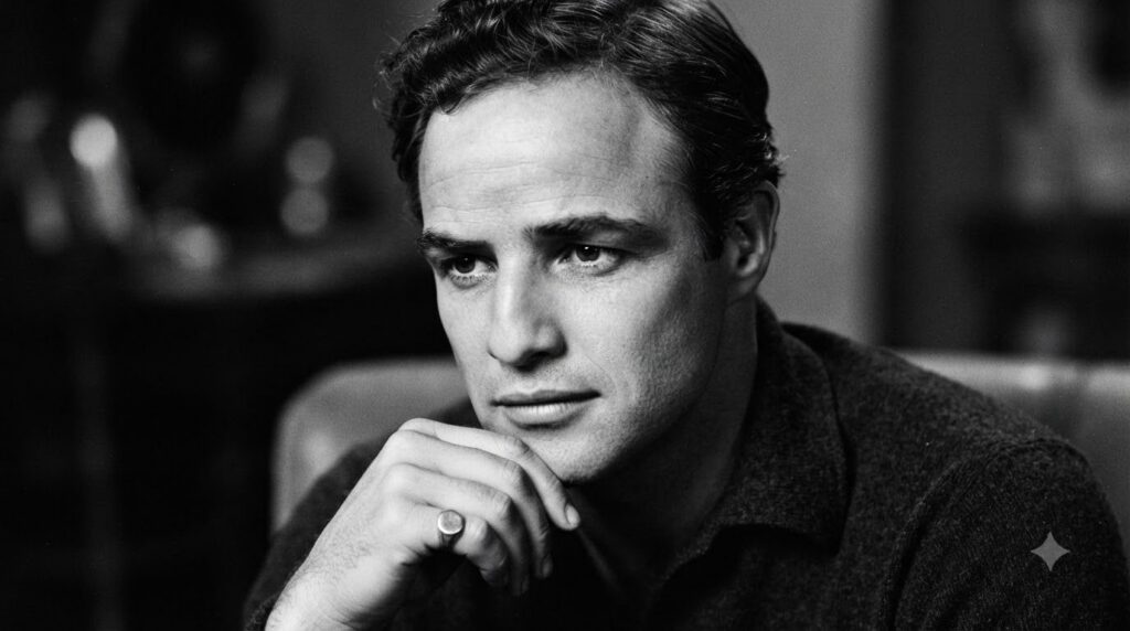 A black and white close-up portrait of Marlon Brando from his prime looking thoughtful and charismatic