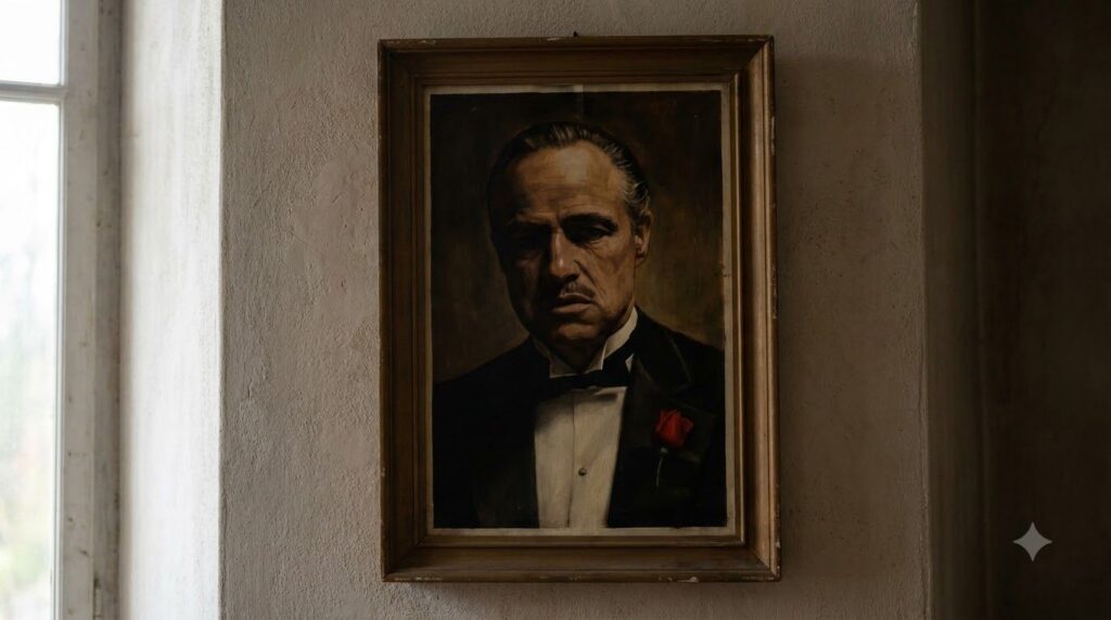 A movie poster for The Godfather featuring Marlon Brando as Vito Corleone