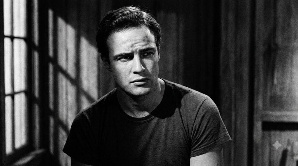 A vintage black and white photo of a young Marlon Brando looking brooding and intense embodying the Method Acting style