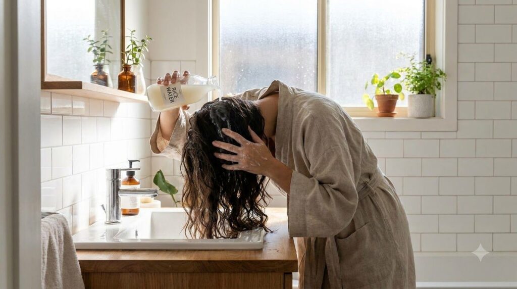 A woman applying rice water to her scalp and hair in a bathroom gently massaging it in