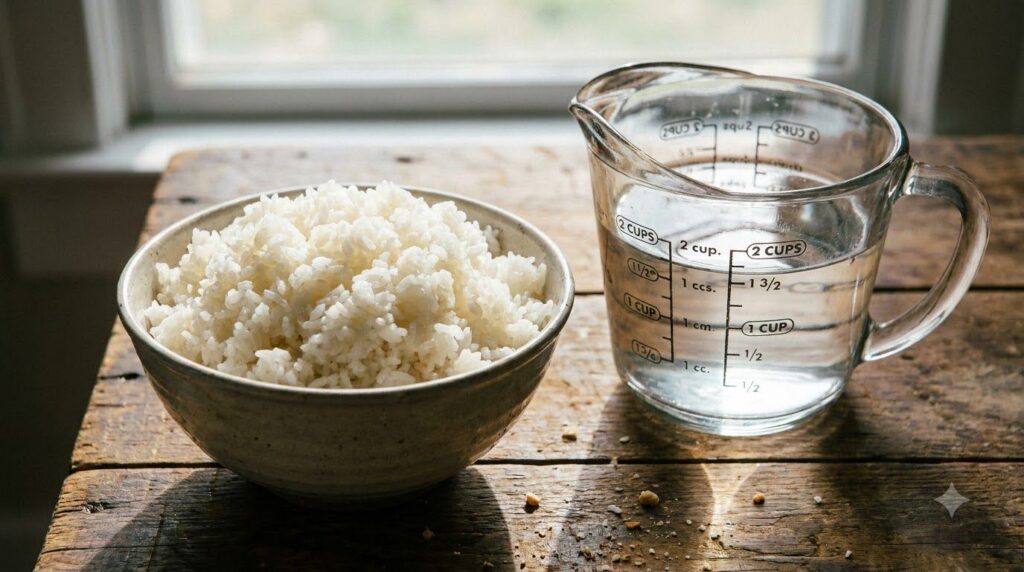 Ingredients for rice water a bowl of uncooked rice a measuring cup with water and a glass jar for preparation