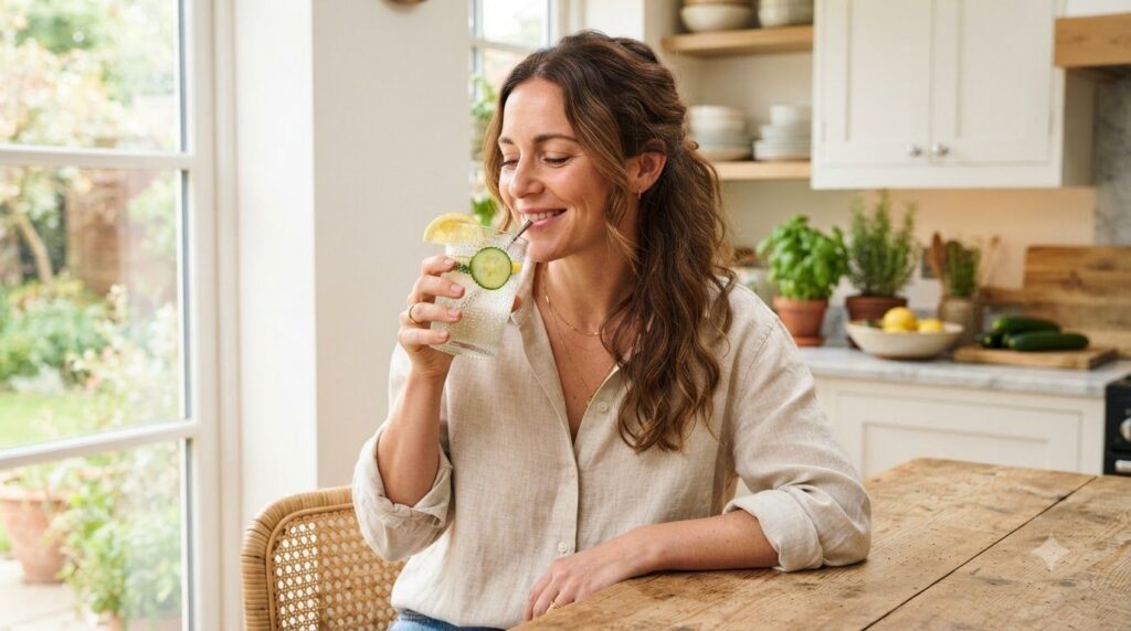 A woman smiling gently holding a clear glass of the beauty drink with lemon and cucumber suggesting a sense of refreshme