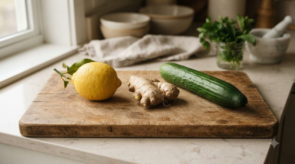 Fresh ingredients for the beauty drink laid out on a wooden cutting board whole lemon a piece of ginger a whole cucumber