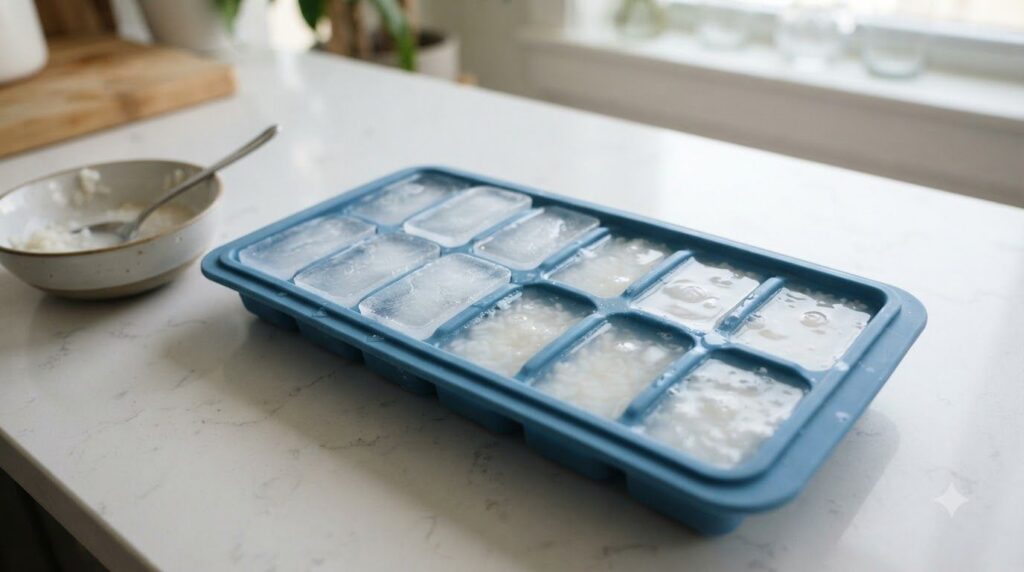 A close-up of an ice cube tray filled with milky rice water half of the cubes already frozen the other half still liquid