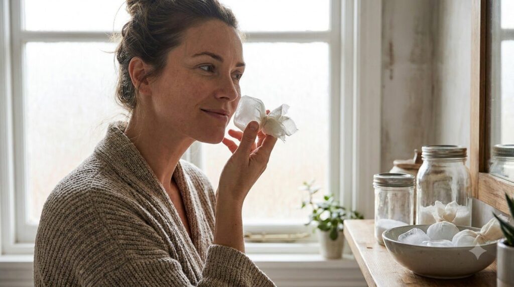 A woman gently massaging a rice water ice cube wrapped in cloth over her cheek with a soft content expression