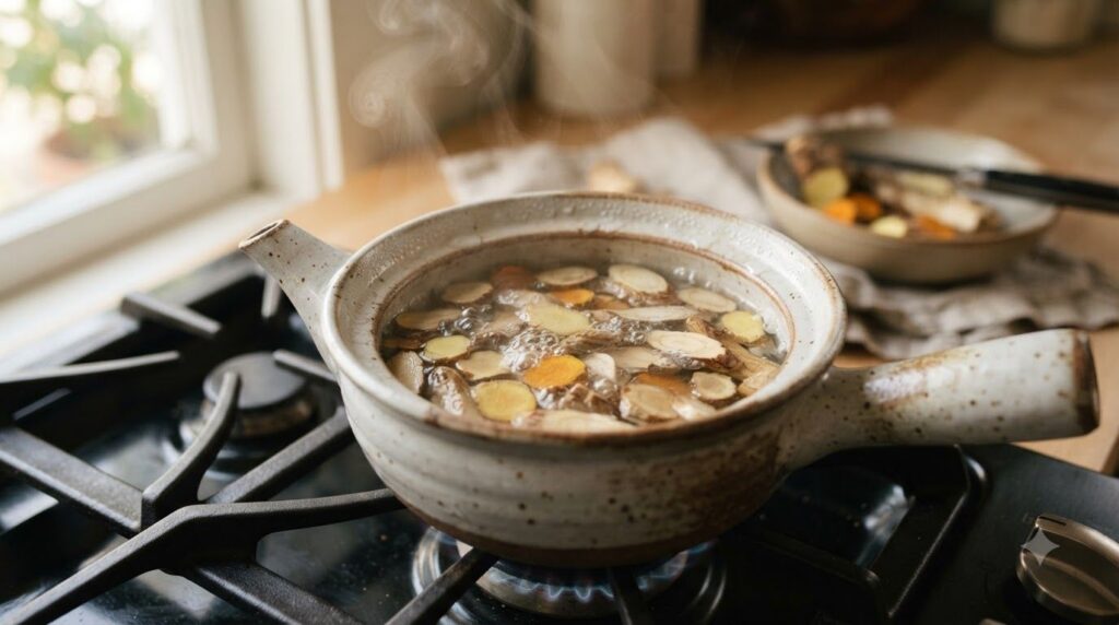 A ceramic teapot filled with sliced root pieces simmering gently on a stovetop burner steam rising A strainer and an emp