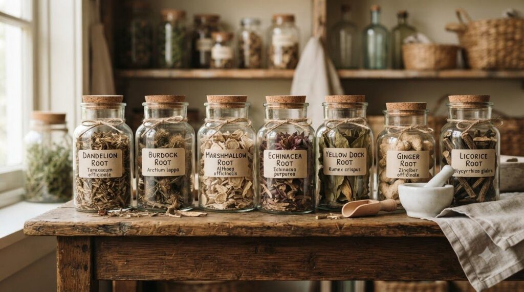 Various types of dried cut botanical roots displayed in separate glass jars on a rustic wooden shelf labeled clearly
