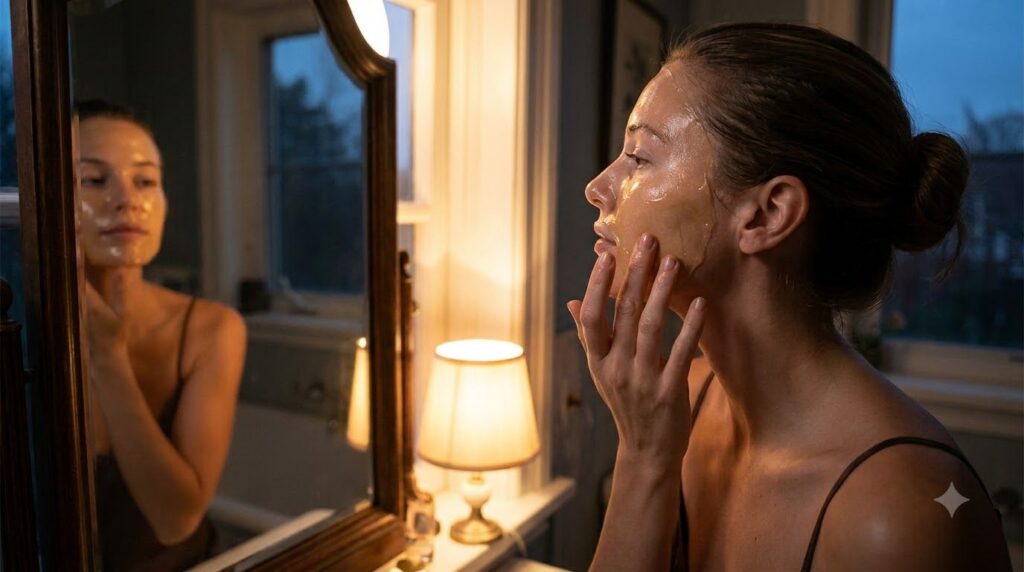 A woman gently applying a thin layer of the golden night mask to her clean face with her fingertips looking into a mirro