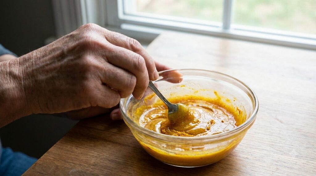 Close-up of a hand mixing Vaseline honey and turmeric powder in a small glass bowl with a spoon forming a golden paste