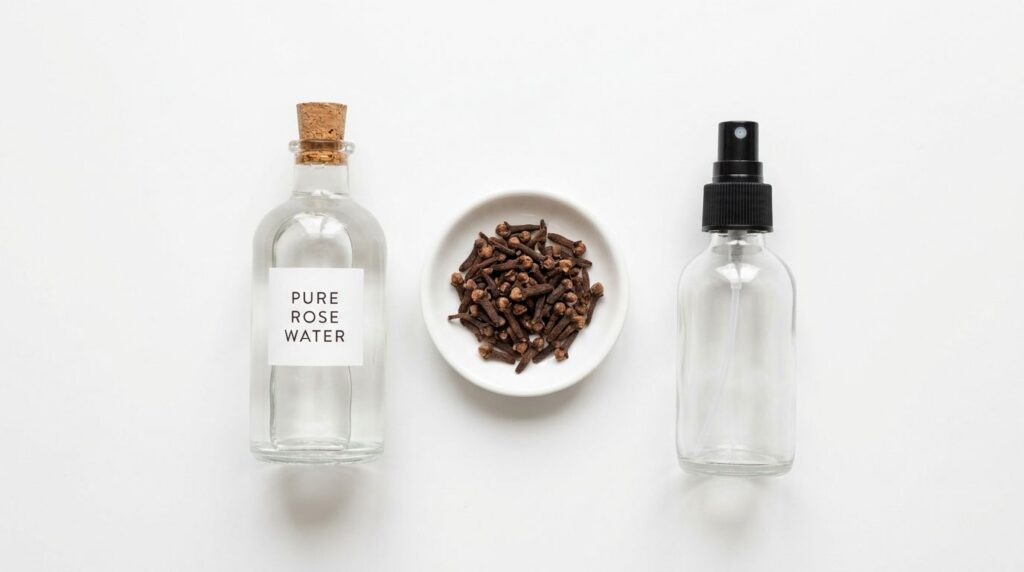 Ingredients laid out a bottle of rose water a small pile of whole cloves and an empty clear spray bottle on a white back
