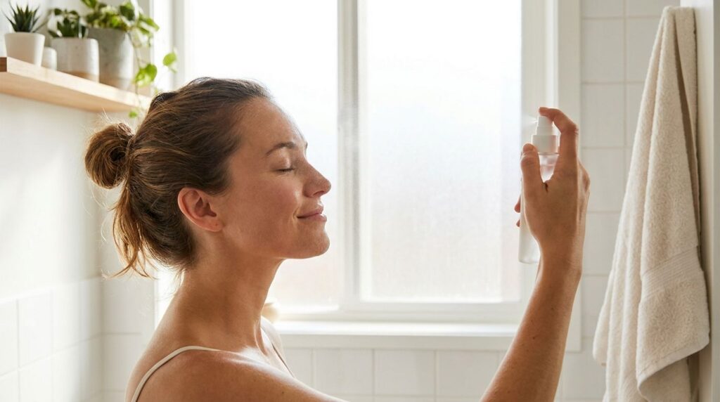 A woman gently spraying a toner on her face with her eyes closed in a bathroom setting Her skin looks fresh and hydrated