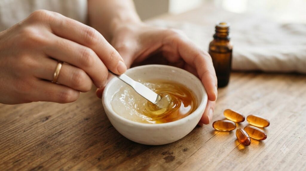 A pair of hands mixing a clear petroleum jelly-like substance with a viscous amber oil in a small white ceramic bowl usi