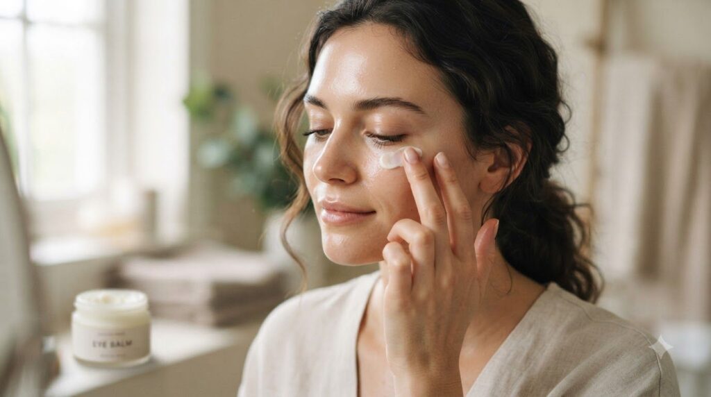 A woman gently applying a small amount of balm to her under-eye area with her fingertip showcasing soft hydrated skin He