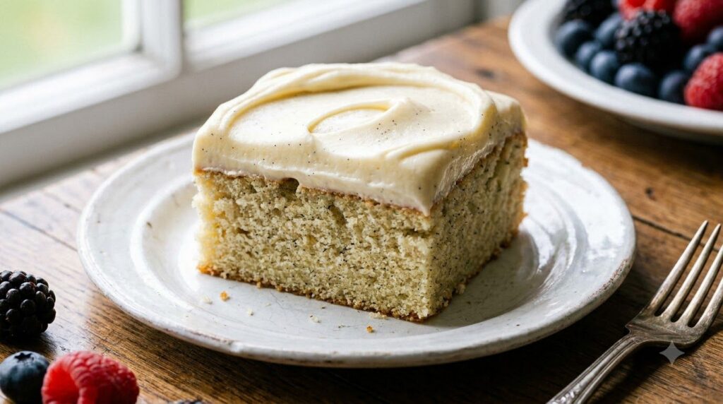 A slice of vanilla bean sheet cake on a white plate showing speckles of vanilla bean in the cake topped with smooth vani