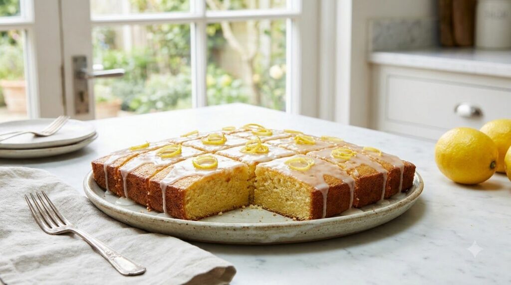 A lemon sheet cake drizzled with a thin lemon glaze and garnished with fresh lemon zest cut into serving squares Fresh a