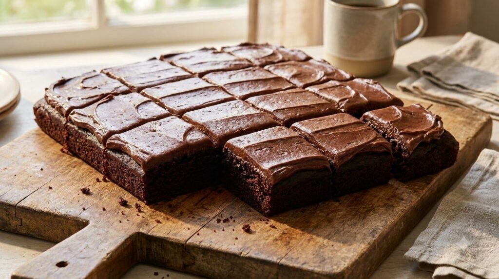A rich dark chocolate sheet cake generously frosted with chocolate buttercream cut into neat squares on a rustic wooden 