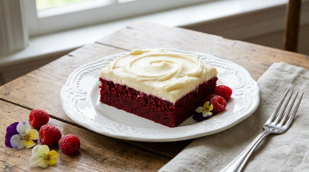 A slice of vibrant red velvet sheet cake topped with creamy white cream cheese frosting on a delicate white plate Elegan