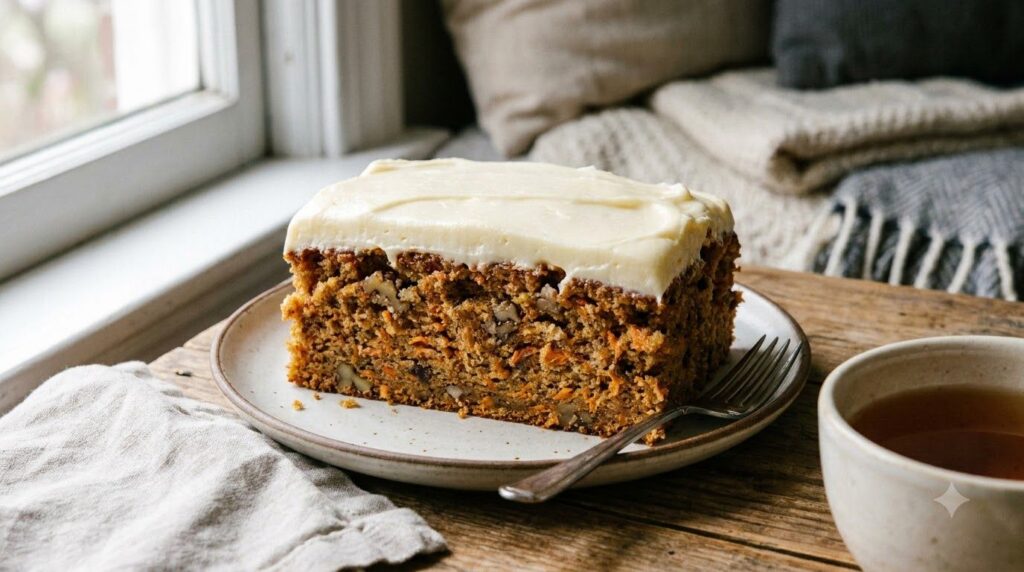 A cross-section of moist carrot sheet cake revealing grated carrots and spices topped with a thick layer of cream cheese