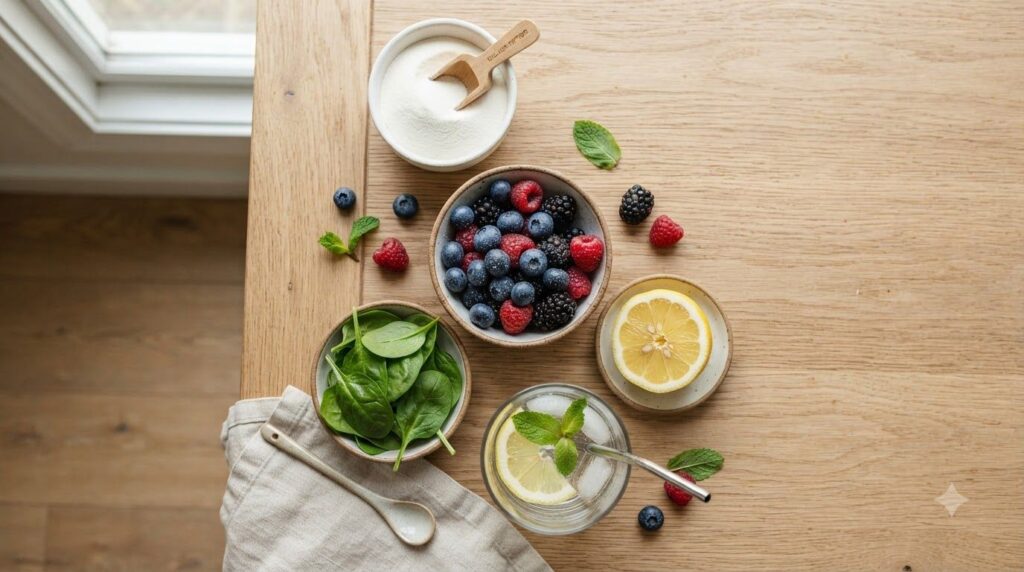 A flat lay of the fresh ingredients for a collagen glow drink a scoop of white collagen powder a bowl of mixed berries a
