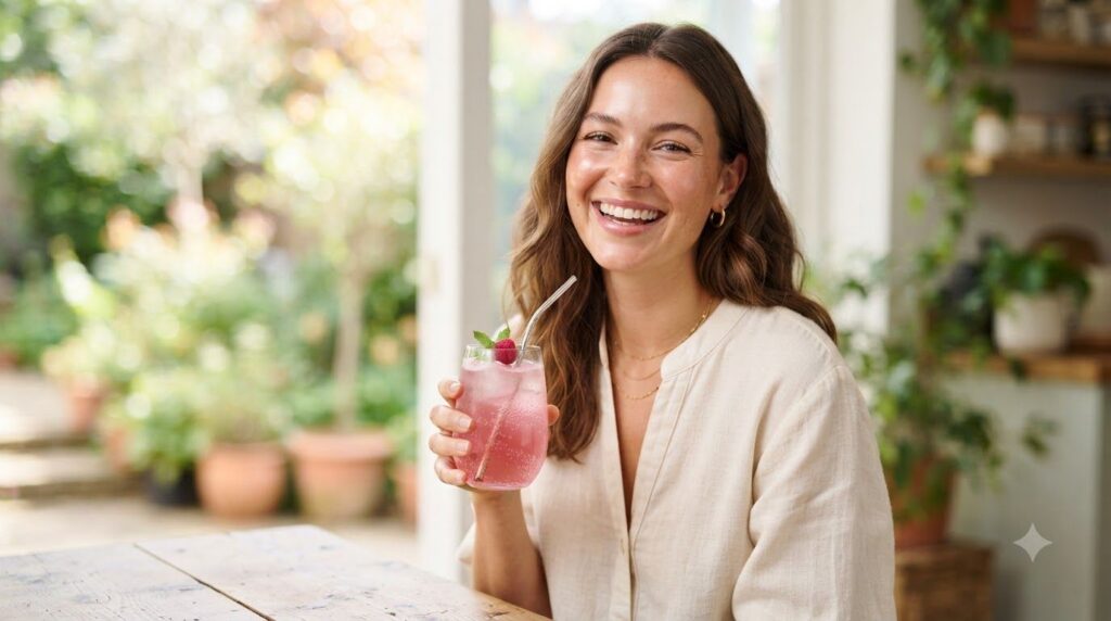 A woman smiling and confidently holding a glass of a pink collagen glow drink showcasing healthy radiant skin The backgr