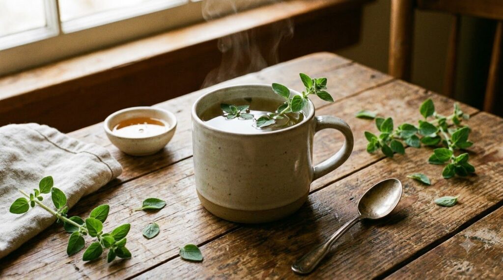 A steaming mug of oregano tea with fresh oregano sprigs on a rustic wooden table creating a warm and inviting atmosphere